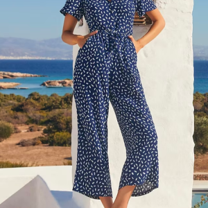 Loose V Neck Floral Vacation Jumpsuit, Jumpsuits&Rompers, color:Blue|size:XXL, catalog Noracora shop