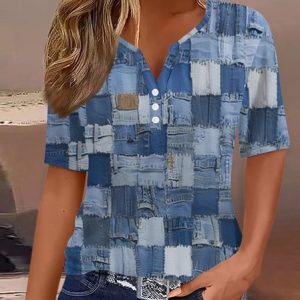 Casual Geometric Notched Short Sleeve T-shirt, T-shirts, color:Blue|size:3XL, catalog Noracora shop