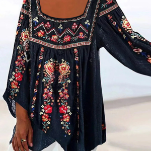Square Neck Long Sleeve Floral Regular Loose Blouse For Women, Blouses, color:Blue|size:XXL, catalog Noracora shop