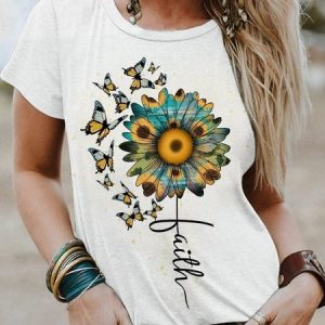 Vintage Sunflower Crew Neck Short Sleeve T-shirt, T-shirts, color:White|size:4XL, catalog Noracora shop