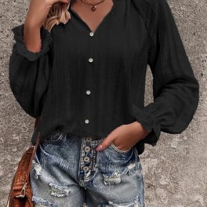 V Neck Long Sleeve Plain Regular Loose Blouse For Women, Blouses, color:Black|size:XL, catalog Noracora shop