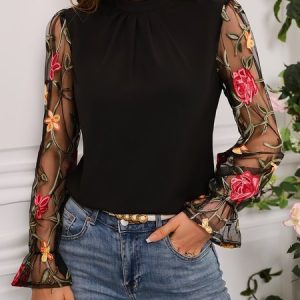 Long Sleeve Floral Lace Regular Loose Blouse For Women, Blouses, color:Black|size:XXL, catalog Noracora shop