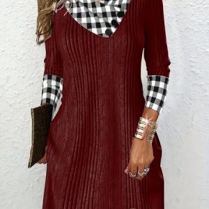 Women Plaid Asymmetrical Long Sleeve Comfy Casual Buckle Maxi Dress, Dresses, color:Wine Red|size:3XL, catalog Noracora shop