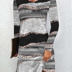Women Abstract Crew Neck Long Sleeve Comfy Casual Mini Dress, Dresses, color:Black|size:XXL, catalog Noracora shop