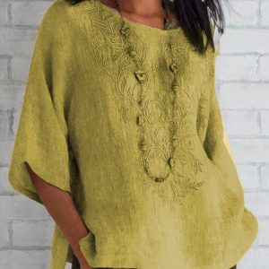 Crew Neck Short Sleeve Plain Embroidery Regular Loose TUNIC Shirt For Women, Blouses, color:Khaki|size:XXL, catalog Noracora shop