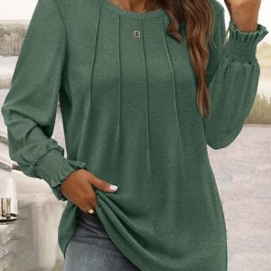 Women's Long Sleeve Tee T-shirt Spring/Fall Plain Crew Neck Daily Going Out Casual Top, JustFashionNow T-Shirts, color:Green|size:XXL,