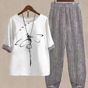 Women Striped Long Sleeve Comfy Casual Top With Pants Two-Piece Set, Sets, color:Khaki|size:3XL, catalog Noracora shop