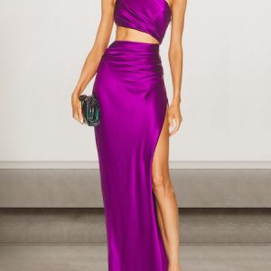 Women Plain One Shoulder Sleeveless Comfy Sexy Maxi Dress, Dinner dress, color:Purple|size:L, catalog Noracora shop