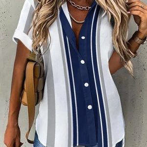 Shirt Collar Short Sleeve Floral Regular Loose Blouse For Women, Shirts, color:Blue|size:XXL, catalog Noracora shop
