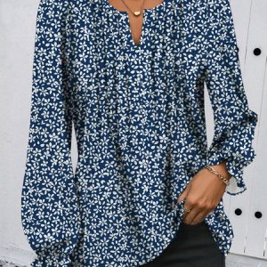 Notched Long Sleeve Floral Regular Loose Shirt For Women, Blouses, color:Blue|size:XXL, catalog Noracora shop