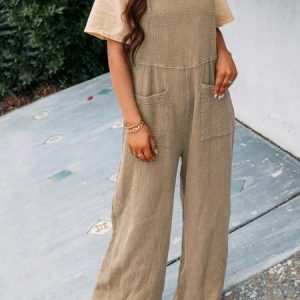 Women Sleeveless Spaghetti Regular Fit Long Daily Casual Plain Natural Jumpsuit, Jumpsuits&Rompers, color:Khaki|size:3XL, catalog Noracora shop
