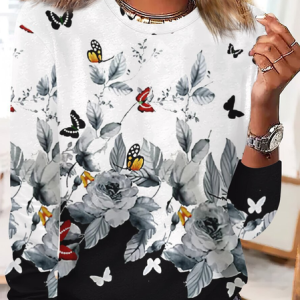 Casual Floral Crew Neck Long Sleeve T-shirt, T-shirts, color:White|size:5XL, catalog Noracora shop