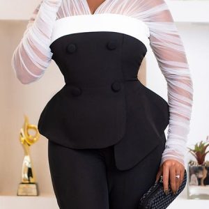 Elegant Raglan Sleeves Regular Fit Color Block Split Joint Blouse, Blouses and Shirts, color:Black-white|size:XXL, Stylewe