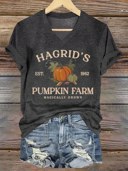 Women's Hagrid'S Pumpkin Patch Print V Neck T-shirt, T-shirts, Lilicloth.com
