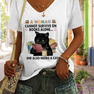 A Woman Cannot Survive On Books Alone She Also Needs A Cat Print Short Sleeve T-Shirt, T-shirts, Lilicloth.com