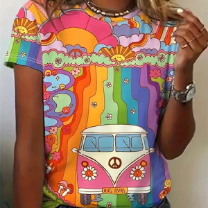 Casual Hippie Crew Neck Short Sleeve T-shirt, T-shirts, color:Multicolor|size:XXL, catalog Noracora shop