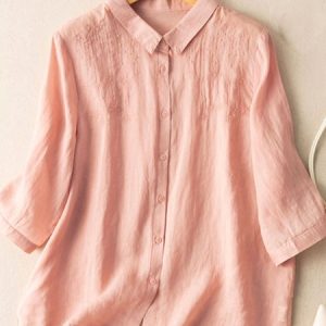 Shirt Collar Long Sleeve Plain Regular Loose Blouse For Women, Blouses, color:Pink|size:XXL, catalog Noracora shop