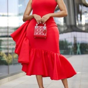 Crew Neck Tight Elegant Long Dress, Maxi Dresses, color:Red|size:XXL, Stylewe