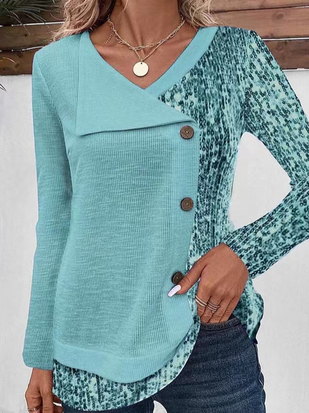 Women's Long Sleeve Blouse Spring/Fall Plain Buttoned Jersey V Neck Daily Going Out Casual Top, JustFashionNow Shirts & Blouses, color:Light Blue|size:5XL,
