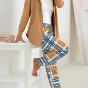 Women Plaid Hoodie Long Sleeve Comfy Casual Coat With Pants Two-Piece Set, Sets, color:Khaki|size:XXL, catalog Noracora shop