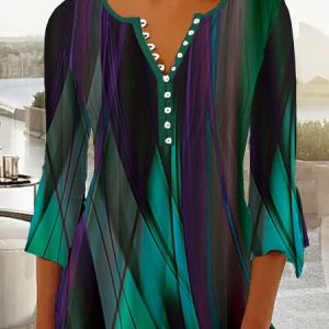 Women's Three Quarter Sleeve Tee T-shirt Spring/Fall Random Print Buckle Crew Neck Casual Top, JustFashionNow T-Shirts, color:Green|size:XXL,
