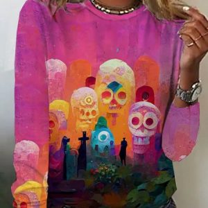 Casual Halloween Crew Neck Long Sleeve T-shirt, T-shirts, color:Pink|size:XXL, catalog Noracora shop