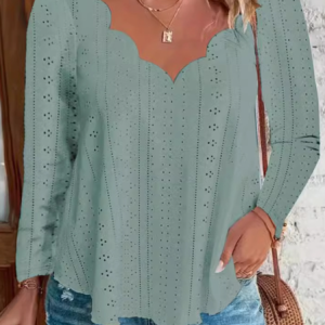 Long Sleeve Plain Lace Regular Micro-Elasticity Loose Blouse For Women, Blouses, color:Green|size:XXL, catalog Noracora shop