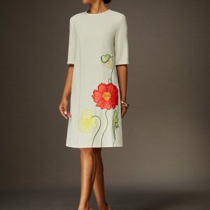 Floral Embroidered Half Sleeve Dress, Midi Dresses, color:Off White|size:XXL, Stylewe