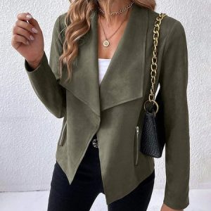 Women's Plain Faux Suede Jacket Zipper Open Front Cropped Coat, Jackets, color:Army Green|size:XL, catalog Noracora shop