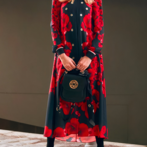 Printing Regular Sleeve Crew Neck Casual Shirt Dress, Midi Dresses, color:Red|size:XXL, Stylewe