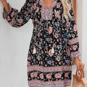 Women Floral V Neck Long Sleeve Comfy Casual Short Dress, Short, color:As Picture|size:XL, catalog Noracora shop