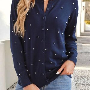 Women Yarn/Wool Yarn Plain Long Sleeve Comfy Casual Imitation Pearls Cardigan, Cardigans, color:Navyblue|size:XXL, catalog Noracora shop