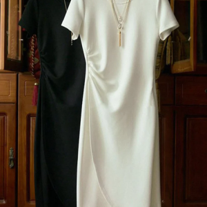 Women Plain Crew Neck Short Sleeve Comfy Casual Midi Dress, Dresses, color:Black|size:XL, catalog Noracora shop