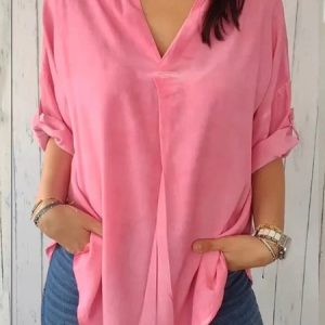 V Neck Half Sleeve Plain Regular Micro-Elasticity Loose Blouse For Women, Blouses, color:Pink|size:5XL, catalog Noracora shop