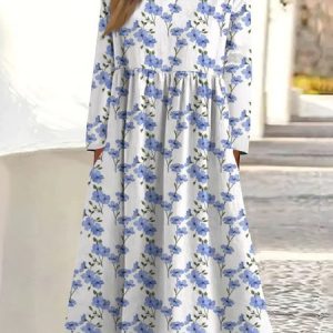 Women Floral Crew Neck Three Quarter Sleeve Comfy Casual Midi Dress, Dresses, color:Blue|size:3XL, catalog Noracora shop