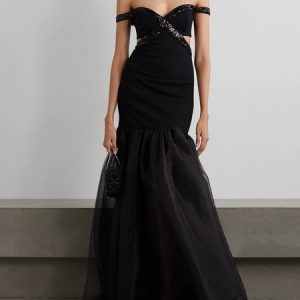 Women Plain Off The Shoulder Sleeveless Comfy Sexy Maxi Dress, Dinner dress, color:Black|size:L, catalog Noracora shop