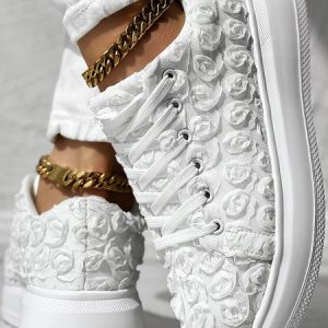 Casual Plain Lace-Up Flat Heel Slip On Embossed, Sneakers&Athletic, color:White|size:43, catalog Noracora shop