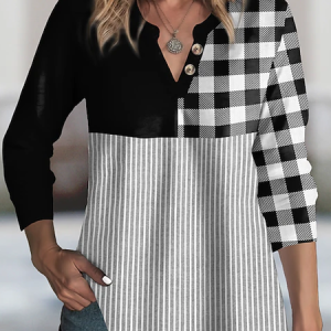 V Neck Long Sleeve Striped Regular Micro-Elasticity Loose Blouse For Women, Blouses, color:Black|size:3XL, catalog Noracora shop
