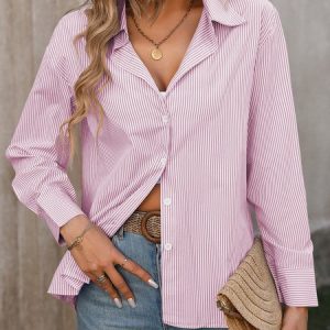 Shirt Collar Long Sleeve Striped Regular Loose Blouse For Women, Shirts, color:Pink|size:XXL, catalog Noracora shop