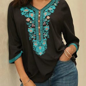 V Neck Three Quarter Sleeve Floral Regular Micro-Elasticity Loose Blouse For Women, Blouses, color:Black|size:XXL, catalog Noracora shop