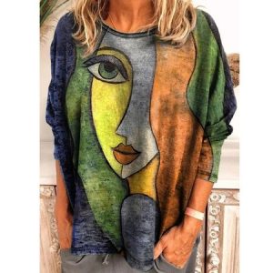 Crew Neck Long Sleeve Face Regular Loose Blouse For Women, Blouses, color:Orange|size:5XL, catalog Noracora shop