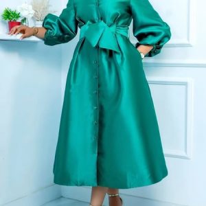 Crew Neck Regular Fit Balloon Sleeve Elegant Shirt Dress With Belt, Maxi Dresses, color:Cyan|size:XXL, Stylewe
