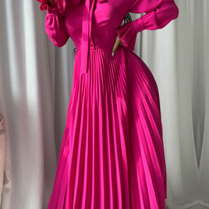 Regular Fit Elegant Ruffle Sleeve Lotus Leaf Collar Long Sleeve Lotus Leaf Collar Maxi Dress, Maxi Dresses, color:Rose Red|size:XXL, Stylewe