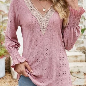 V Neck Long Sleeve Plain Regular Regular Fit Shirt For Women, Blouses, color:Pink|size:XXL, catalog Noracora shop