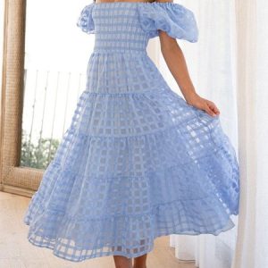 Women Geometric Boat Neck Short Sleeve Comfy Simple Maxi Dress, Maxi, color:Sky Blue|size:XXL, catalog Noracora shop