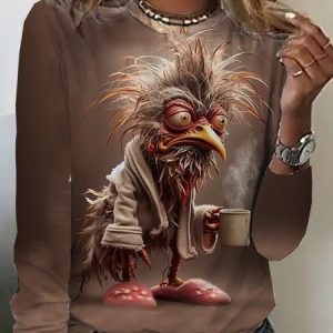 Casual Animal Crew Neck Long Sleeve T-shirt, T-shirts, color:Coffee|size:4XL, catalog Noracora shop