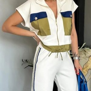 Loose Zipper Color Block Casual Pockets Blouse, Blouses and Shirts, color:White|size:XXL, Stylewe