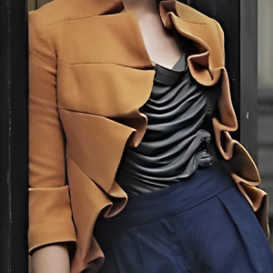 Regular Fit Urban Regular Sleeve Suede Three Quarter Sleeve Lotus Leaf Collar Faux Leather Coat, Jackets, color:Khaki|size:XXL, Stylewe
