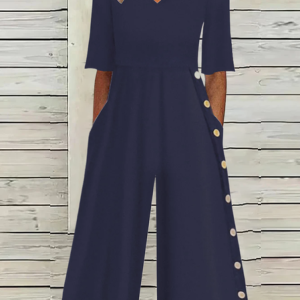 Women Short Sleeve V Neck Loose Ankle Pants Buckle Daily Vacation Plain Natural Jumpsuit, Jumpsuits&Rompers, color:Purplish Blue|size:XXL, catalog Noracora shop