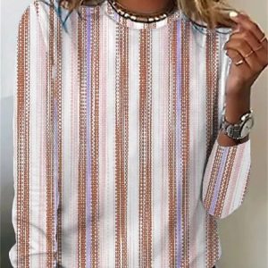 Striped Casual Crew Neck T-Shirt, Long sleeves, Lilicloth.com